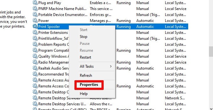Right Click On Print Spooler and Select Properties