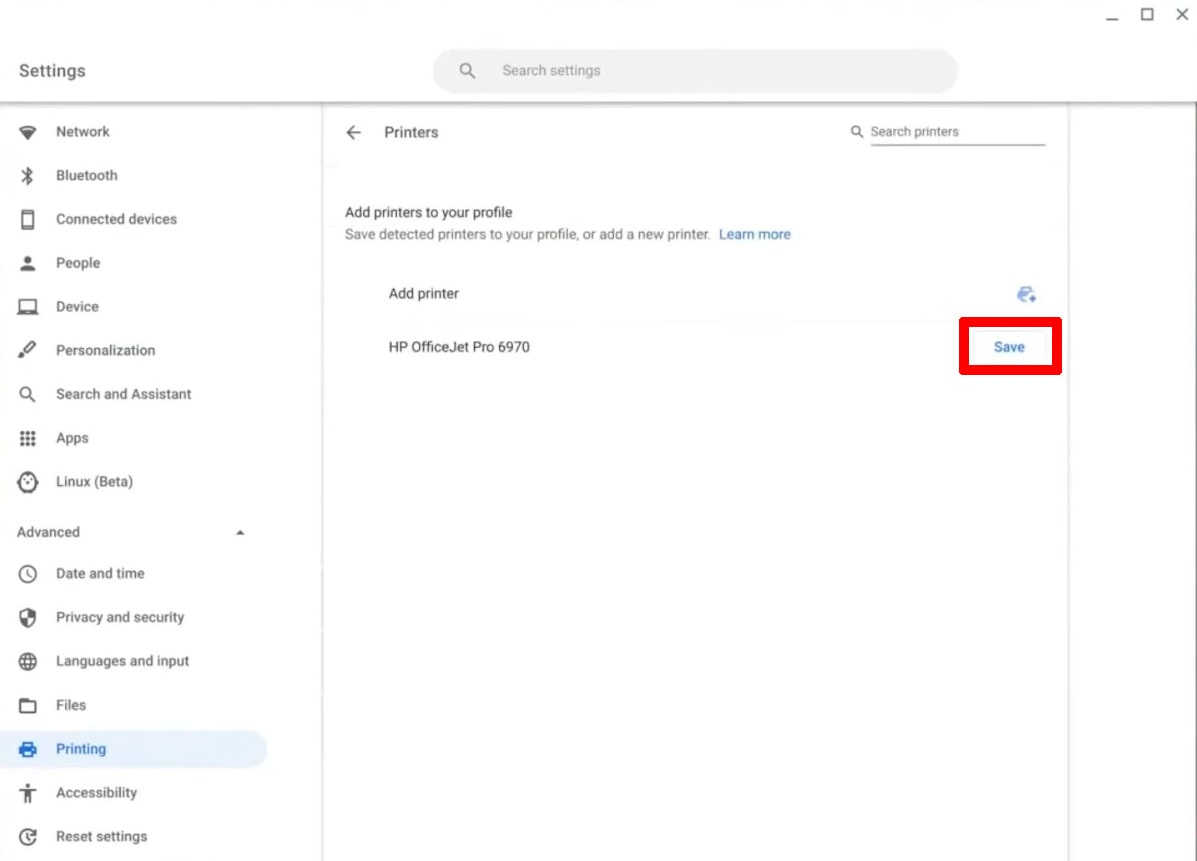 Click Save or Setup to configure printer with chromebook
