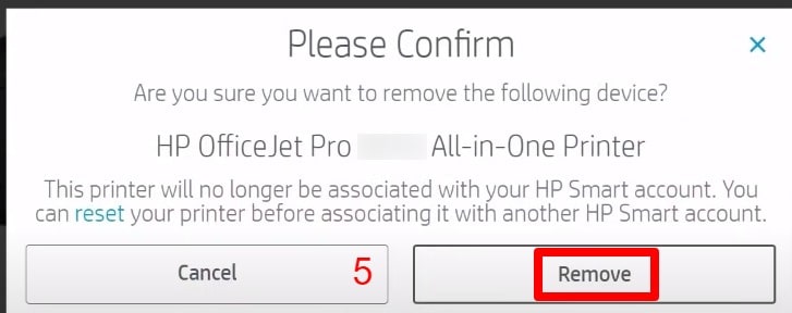 Step-5: Confirm the printer for selecting Remove