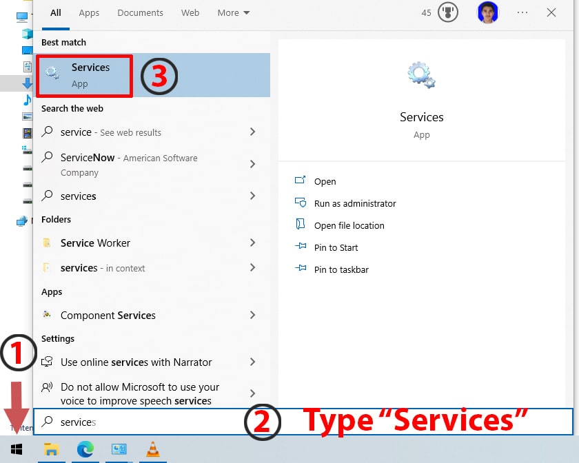 Search for Services in Windows start menu