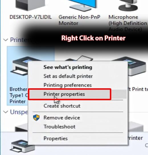 Fixing Brother Offline Printer By right Clicking and Selecting Printer Properties