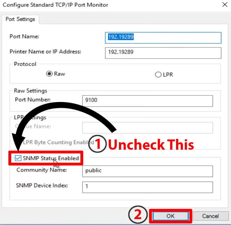 Uncheck SNMP to fix offline brother printer