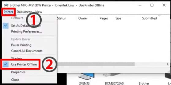 Step-6 Uncheck Use Printer Offline to turn Brother Printer Online